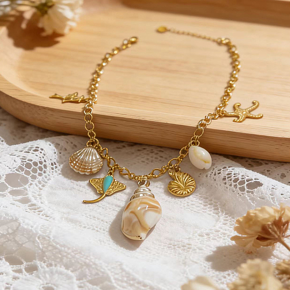 Boho Ocean 304 Stainless Steel and Natural Mixed Shell Starfish Fish Shell Shape Multi Pendant Bib Necklaces for Women, Seashell Color