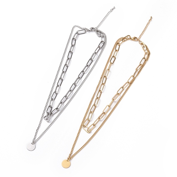 304 Stainless Steel Double Chains Multi Layered Necklace with Flat Round Charms for Women