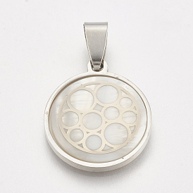 201 Stainless Steel Pendants, with Shell, Flat Round with Circle