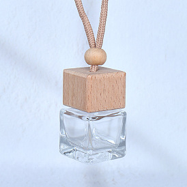 Square Glass Perfume Bottles Air Freshener Diffuser Bottle Hanging Ornament, with Wood Bead, for Car Rear View Mirror Decoration