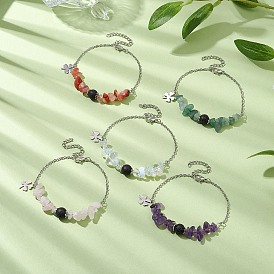 Natural Mixed Gemstone Chip Beads Bracelets for Women, with Lava Rock Bead & 304 Stainless Steel Findings