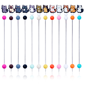 12piezas 12 estilos de cuentas de silicona con forma de gato con agujas de tejer de acero inoxidable, color acero inoxidable