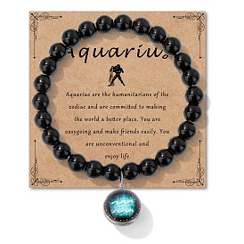 Браслеты из круглых бусин с натуральным черным обсидианом, камень рождения, браслеты с подвесками в виде созвездия из сплава и смолы для мужчин и женщин, с открытки