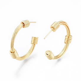 Brass Round Wire Wrapped C-shape Stud Earrings, Half Hoop Earrings for Women, Nickel Free