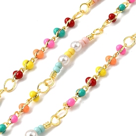 Латунные шаровые цепи, со стеклянными семенами и пластиковой имитацией жемчуга, без свинца и без кадмия, долговечный, стойки покрытие, пайки, с катушкой