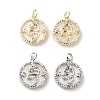 Brass Micro Pave Cubic Zirconia Pendants, Cadmium Free & Nickel Free & Lead Free, with Shell, Flat Round with Snake