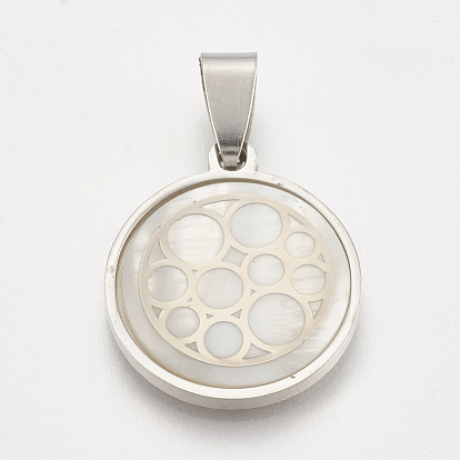 201 Stainless Steel Pendants, with Shell, Flat Round with Circle