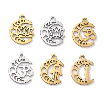 Антикоррозийные 304 подвески из нержавеющей стали, лазерная резка, фаза луны с ом/аум и талисманом лотоса