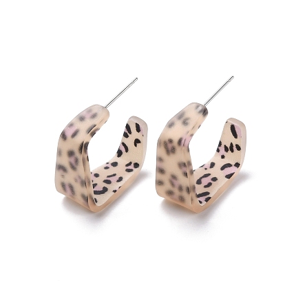Cellulose Acetate(Resin) Rectangle Stud Earrings, 304 Stainless Steel Half Hoop Earrings for Women