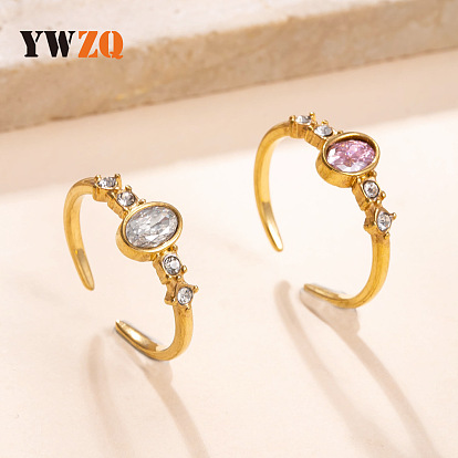 304 Anillos abiertos de acero inoxidable con micro pavé de circonitas cúbicas, oval, dorado