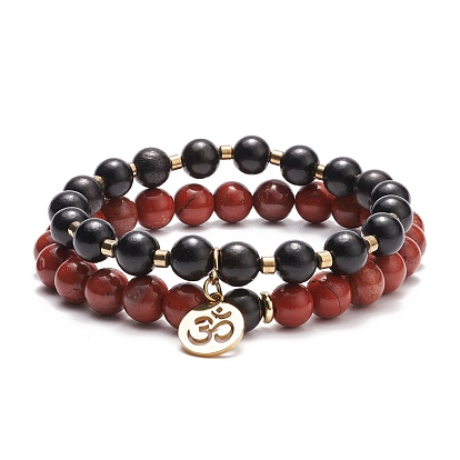 Beaded Stretch Bracelet Sets, with Wood Beads and Natural Red Jasper Beads, Electroplate Non-magnetic Synthetic Hematite Beads, Brass Beads