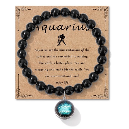 Браслеты из круглых бусин с натуральным черным обсидианом, камень рождения, браслеты с подвесками в виде созвездия из сплава и смолы для мужчин и женщин, с открытки