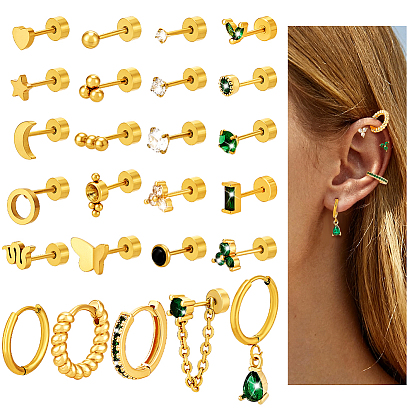25 Набор сережек для хряща уха из нержавеющей стали с инкрустацией зелеными и прозрачными кубическими циркониями, разнообразные