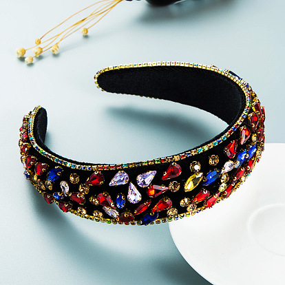 Colorful Baroque Vintage Headband with Glass Rhinestone and Wide Band