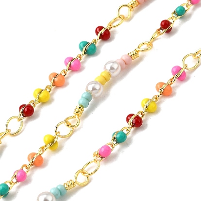 Латунные шаровые цепи, со стеклянными семенами и пластиковой имитацией жемчуга, без свинца и без кадмия, долговечный, стойки покрытие, пайки, с катушкой