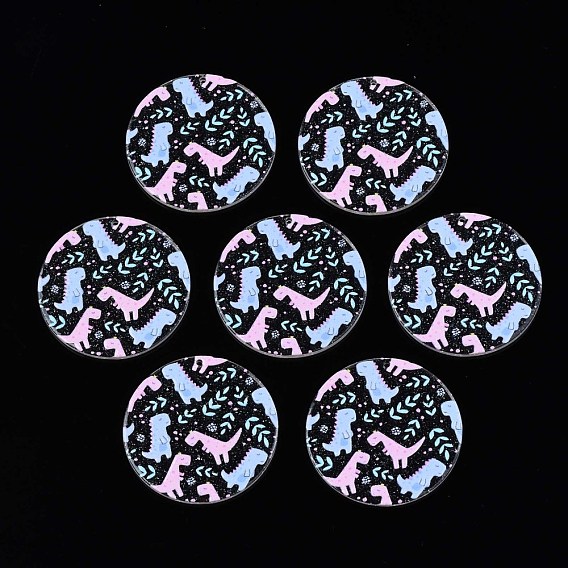 Transparent Printed Acrylic Pendants, with Glitter Powder, Flat Round with Dinosaur
