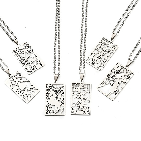 304 Stainless Steel Pendant Necklaces, Curb Chain, Rectangle with Tarot