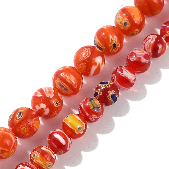 Handmade millefiori lampwork beads strands, круглые