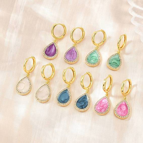 Brass Micro Pave Cubic Zirconia Hoop Dangle Earrings, with Enamel, Teardrop, Lead Free & Cadmium Free, Rack Plating, Long-Lasting Plated, Real 18K Gold Plated