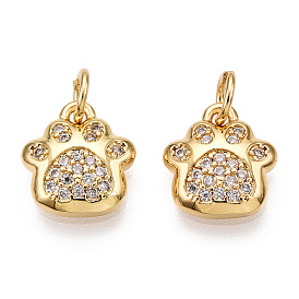 Brass Micro Pave Clear Cubic Zirconia Charms, with Jump Rings, Nickel Free, Dog Paw Prints