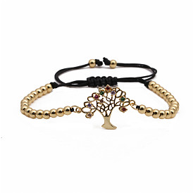 Colorful Zircon Micro Inlaid Tree of Life Bracelet with Copper Bead Weaving, Fashion Jewelry