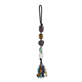Nuggets Natural Gemstone Pendant Decorations, Braided Nylon Thread and Gemstone Chip Tassel Hanging Ornaments