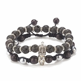 2Pcs 2 Style Natural Lava Rock & Synthetic Hematite & Turquoise(Dyed) Braided Bead Bracelets Set with Alloy Skull & Crown, Essential Oil Gemstone Jewelry for Women