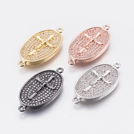 Brass Micro Pave Cubic Zirconia Links, Cadmium Free & Lead Free, Oval with Crucifix