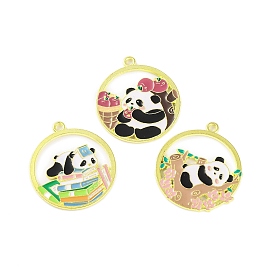 Golden Plated Alloy Enamel Pendants, Cadmium Free & Lead Free, Flat Round with Panda Charm