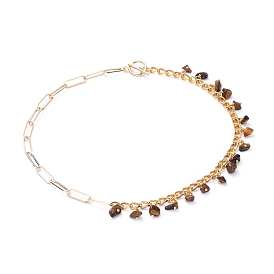 Chip Gemstone Pendant Necklaces, with Aluminum Curb Chains, Iron Paperclip Chains and 304 Stainless Steel Toggle Clasps