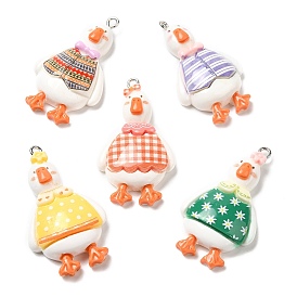 Opaque Resin Pendants, Duck Charms with Platinum Tone Iron Loops