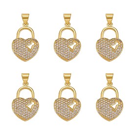 6Pcs Brass Micro Pave Clear Cubic Zirconia Pendants, Long-Lasting Plated, Heart/Lock