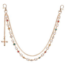 1Двухслойная цепочка из сплава с разноцветными стразами в виде цветов и пластиковыми жемчужинами, украшенная крестиками.