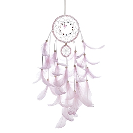 Iron Ring Woven Net/Web with Feather Wall Hanging Decoration, with Cloth & Plastic Beads, for Home Offices Amulet Ornament