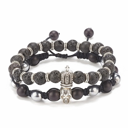 2Pcs 2 Style Natural Lava Rock & Synthetic Hematite & Turquoise(Dyed) Braided Bead Bracelets Set with Alloy Skull & Crown, Essential Oil Gemstone Jewelry for Women