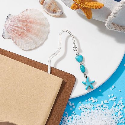 Zinc Alloy Wavy Bookmarks, Starfish Dolphin Turtle Synthetic Turquoise Bead Pendant Bookmark
