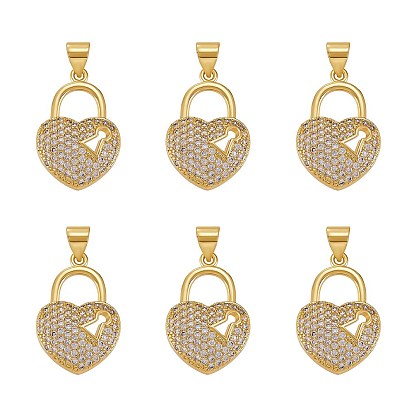6Pcs Brass Micro Pave Clear Cubic Zirconia Pendants, Long-Lasting Plated, Heart/Lock