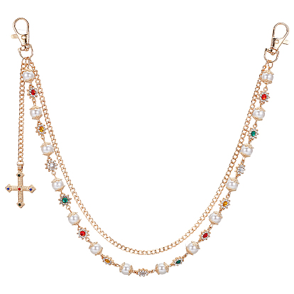 1Двухслойная цепочка из сплава с разноцветными стразами в виде цветов и пластиковыми жемчужинами, украшенная крестиками.