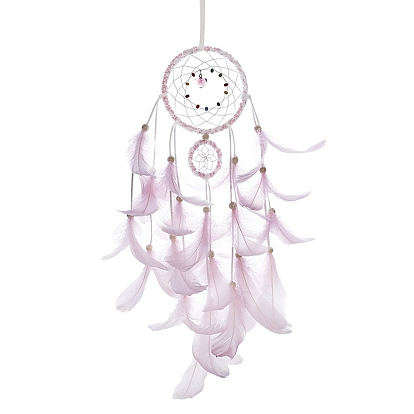 Red/red tejida con anillo de hierro con decoración colgante de pared de plumas, con cuentas de tela y plástico, para la oficina en el hogar adorno de amuleto