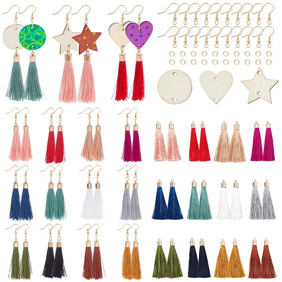 DIY Tassel Earring Making Kits,Including Undyed Wood Links, Polyester Tassel Big Pendants, Brass Earring Hooks and Iron Jump Rings