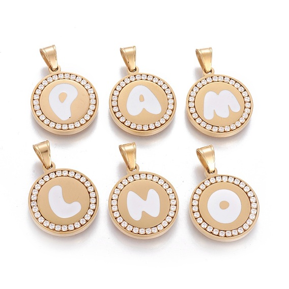 304 Stainless Steel Enamel Pendants, with Cubic Zirconia, Flat Round with Letter