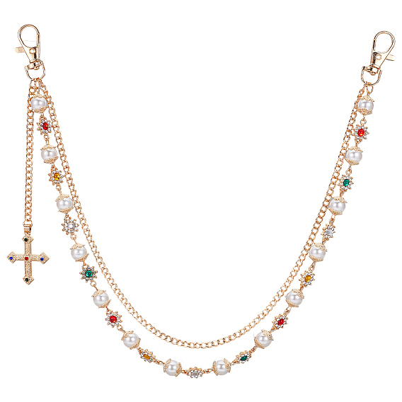 1Двухслойная цепочка из сплава с разноцветными стразами в виде цветов и пластиковыми жемчужинами, украшенная крестиками.