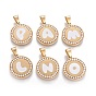 304 Stainless Steel Enamel Pendants, with Cubic Zirconia, Flat Round with Letter