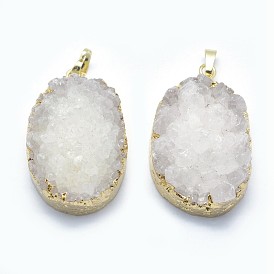 Natural Quartz Pendants, with Golden Tone Brass Findings, Oval