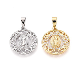 Латунные микропаве прозрачные подвески с фианитом, без кадмия и без свинца, плоский круглый с Иисусом Марией католический