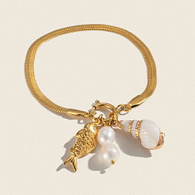 Лето 304 браслеты с подвесками из нержавеющей стали, браслеты из змеиной цепи для женщин, форма ракушки и рыбы, с имитацией жемчуга