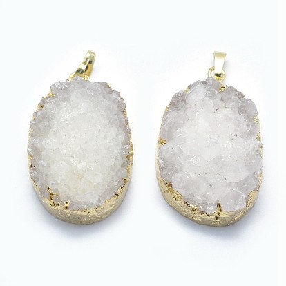 Natural Quartz Pendants, with Golden Tone Brass Findings, Oval