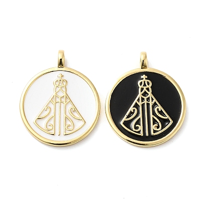 Rack Plating Brass Enamel Pendants, Lead Free & Cadmium Free, Long-Lasting Plated, Real 18K Gold Plated, Flat Round with Religious Virgin Mother Mary
