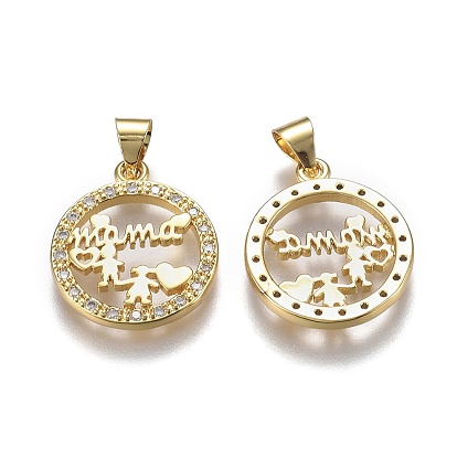 Brass Micro Pave Clear Cubic Zirconia Pendants, with Snap on Bails, Long-Lasting Plated, for Mother's Day, Flat Round with Word Mama