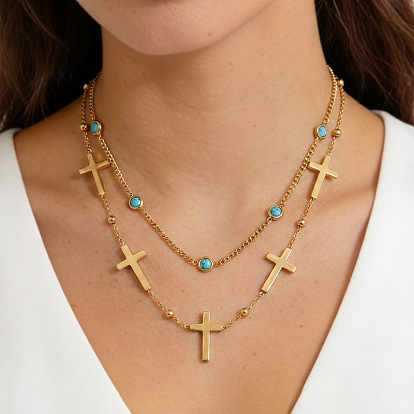 304 Colliers à double rangée de chaînes en acier inoxydable à maillons croisés pour femmes, avec turquoise synthétique